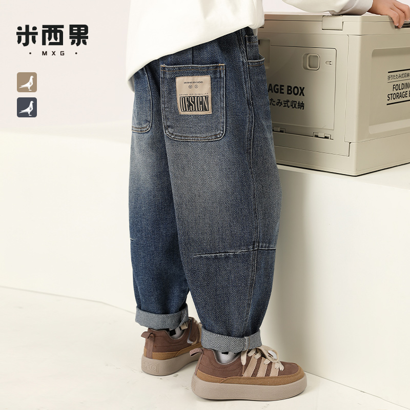 男童加绒牛仔裤秋冬款2024新款儿童一体裤子宽松洋气中大童长裤潮