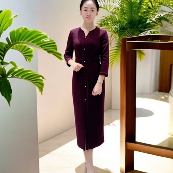 170893慕天姿品牌女装-轻奢系列-气质款紫红色修身显瘦气质连衣裙