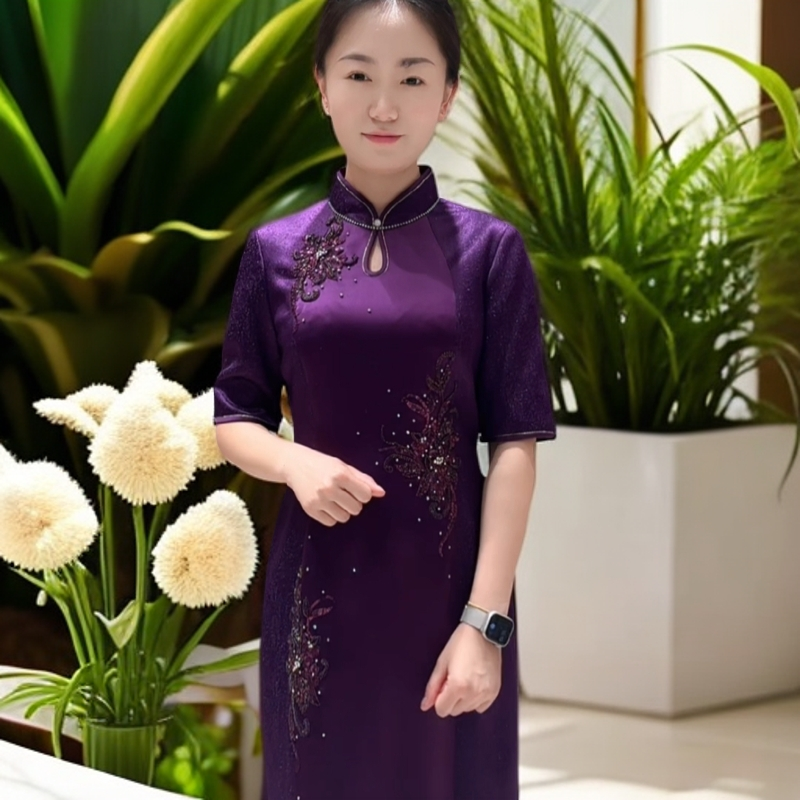 170519慕天姿品牌女装-吉服系列-气质款紫色婚礼轻奢修身连衣裙