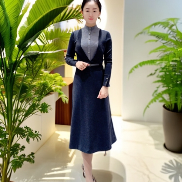 120199慕天姿品牌女装-轻奢系列-气质款深灰色修身显瘦气质连衣裙