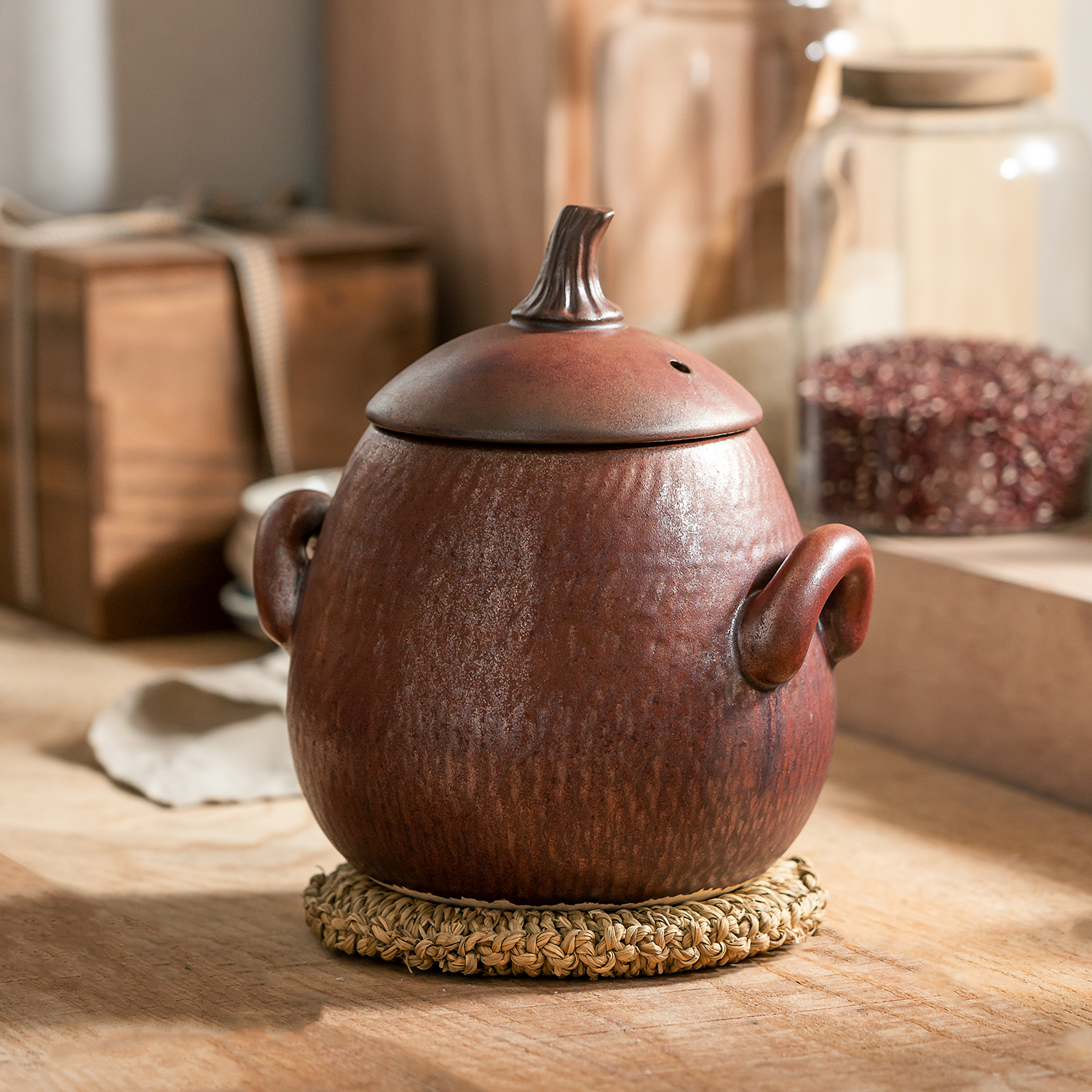 【万土烧-梨锅 古锈红】手工瓦罐土锅高汤锅加厚耐热干烧古法窑变