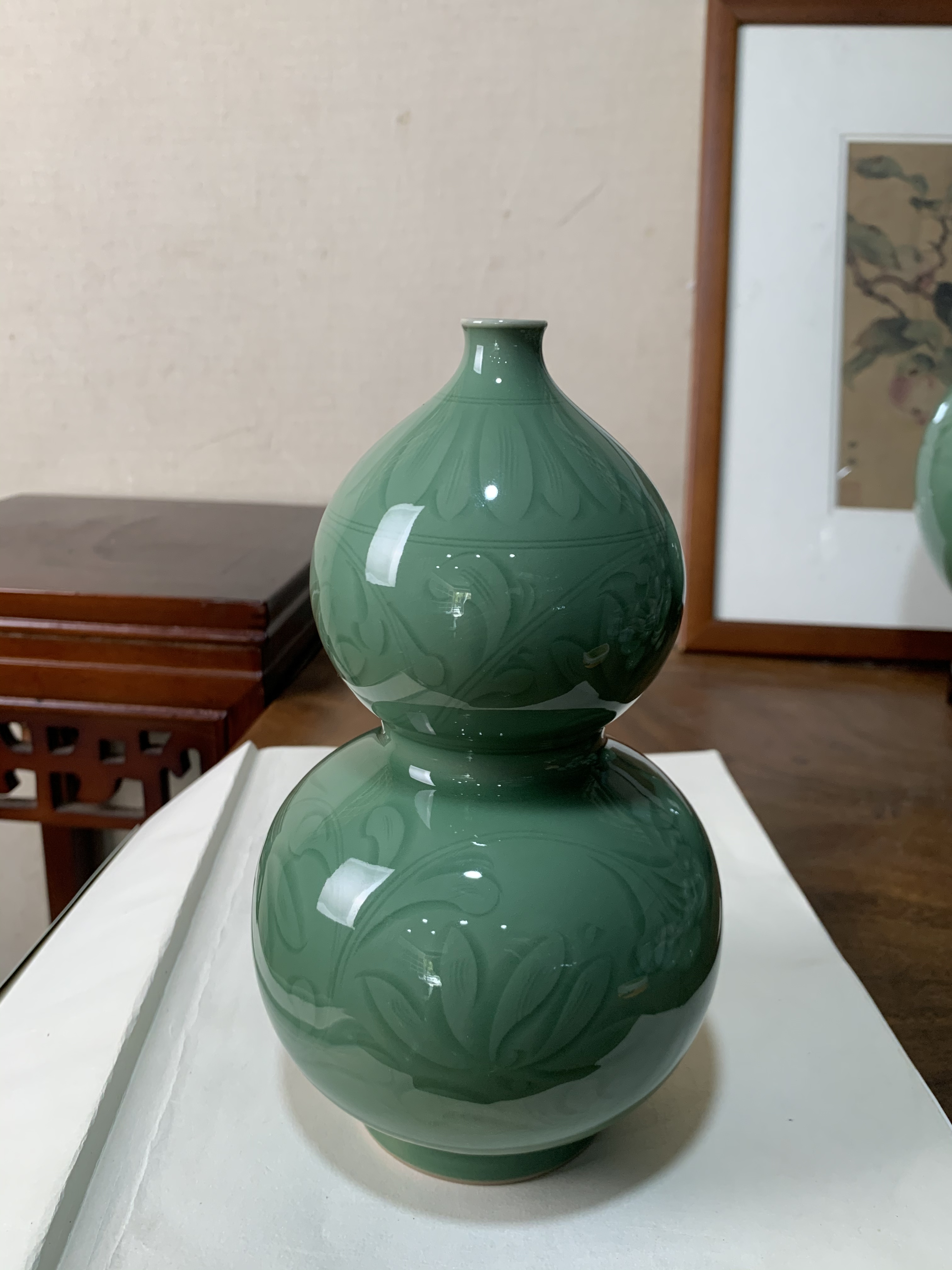 杨江鹏梅子青半刀刻绘手工葫芦陶瓷手工摆件家居工艺品