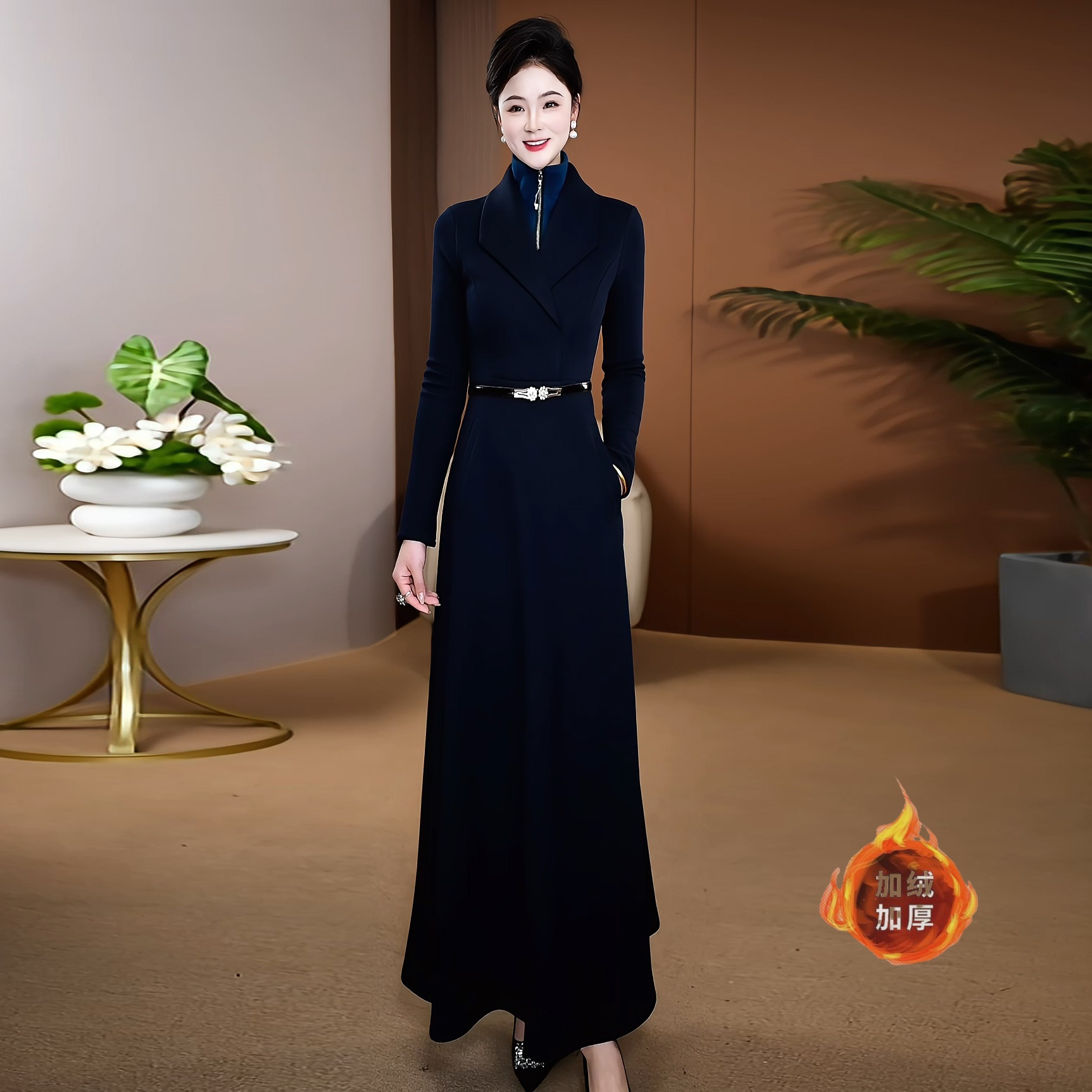 加绒加厚雪尼尔绒连衣裙2024冬季新款显瘦保暖气质大摆长裙1089