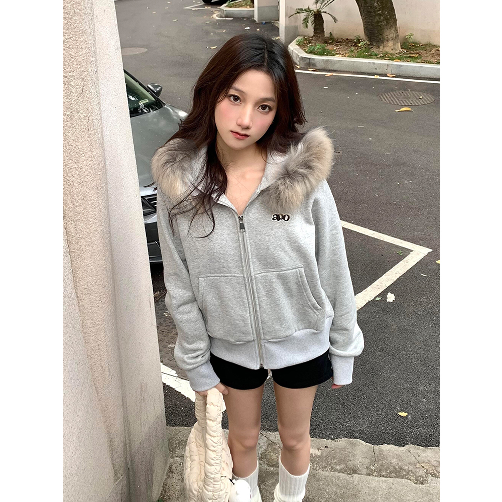 春秋季薄款外套女可拆卸毛领连帽慵懒风灰色卫衣宽松休闲百搭上衣