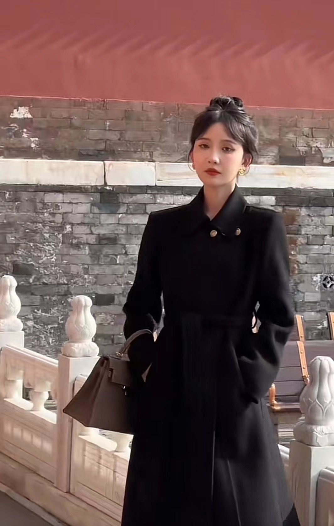 【壹壹7115】100羊毛双面呢法式赫本秋冬红色大衣气质百搭中长款女