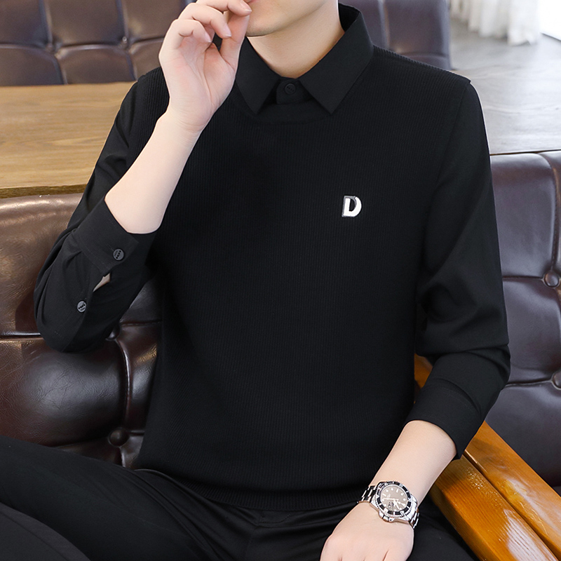 2023新假两件毛衣男衬衫领针织打底衫上衣男士毛衣男款冬季百搭