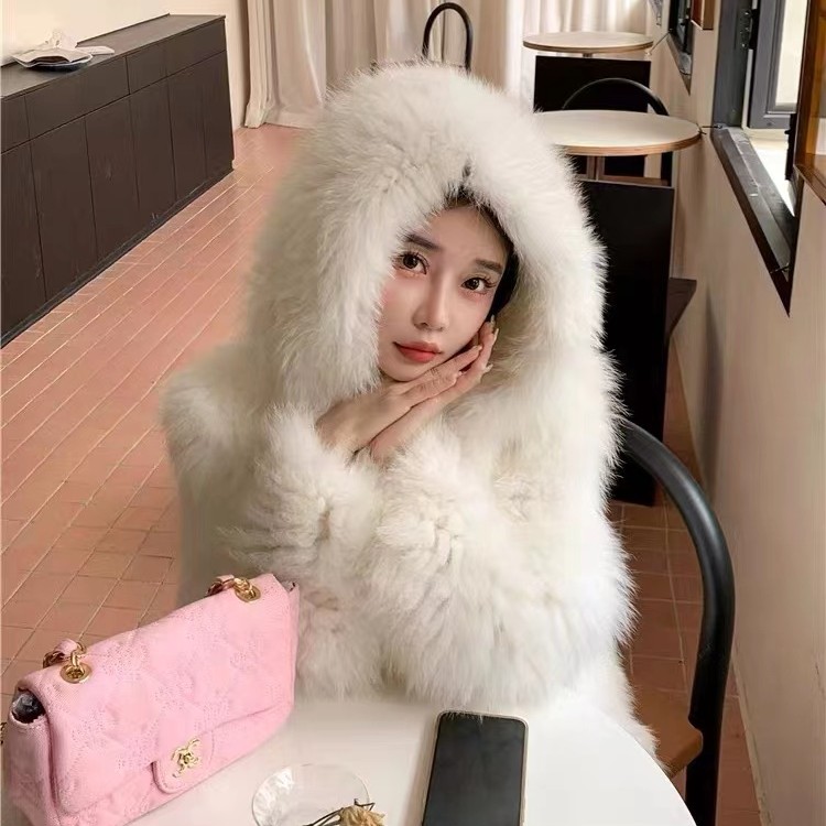 【ZHANGYI】冬季气质双面编织加密加厚中长款连帽狐狸毛皮草外套