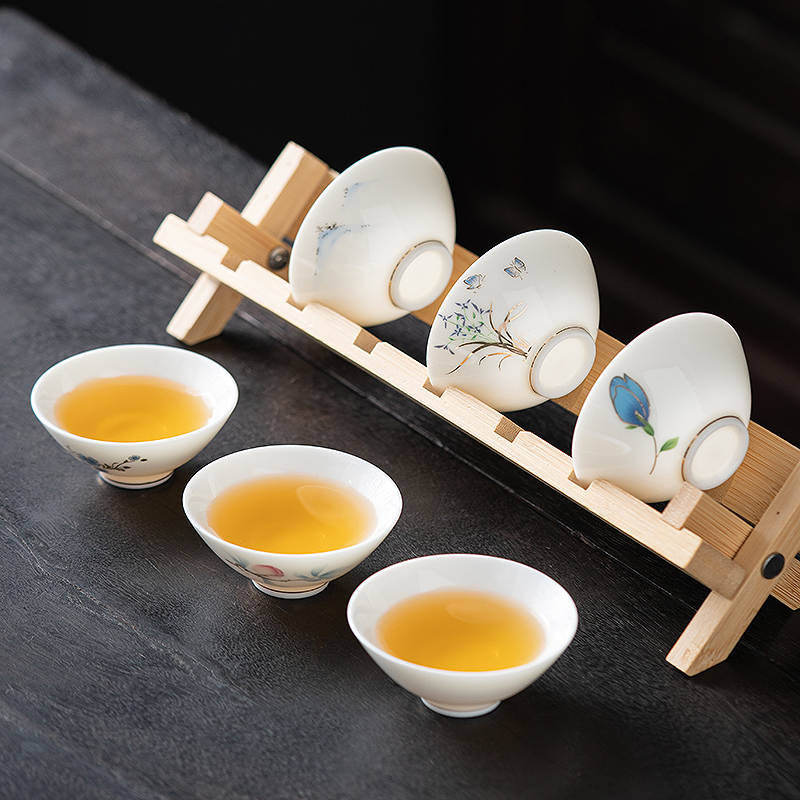 问谦堂羊脂玉白瓷斗笠杯带杯架6只装陶瓷功夫茶具品茗杯套装小号