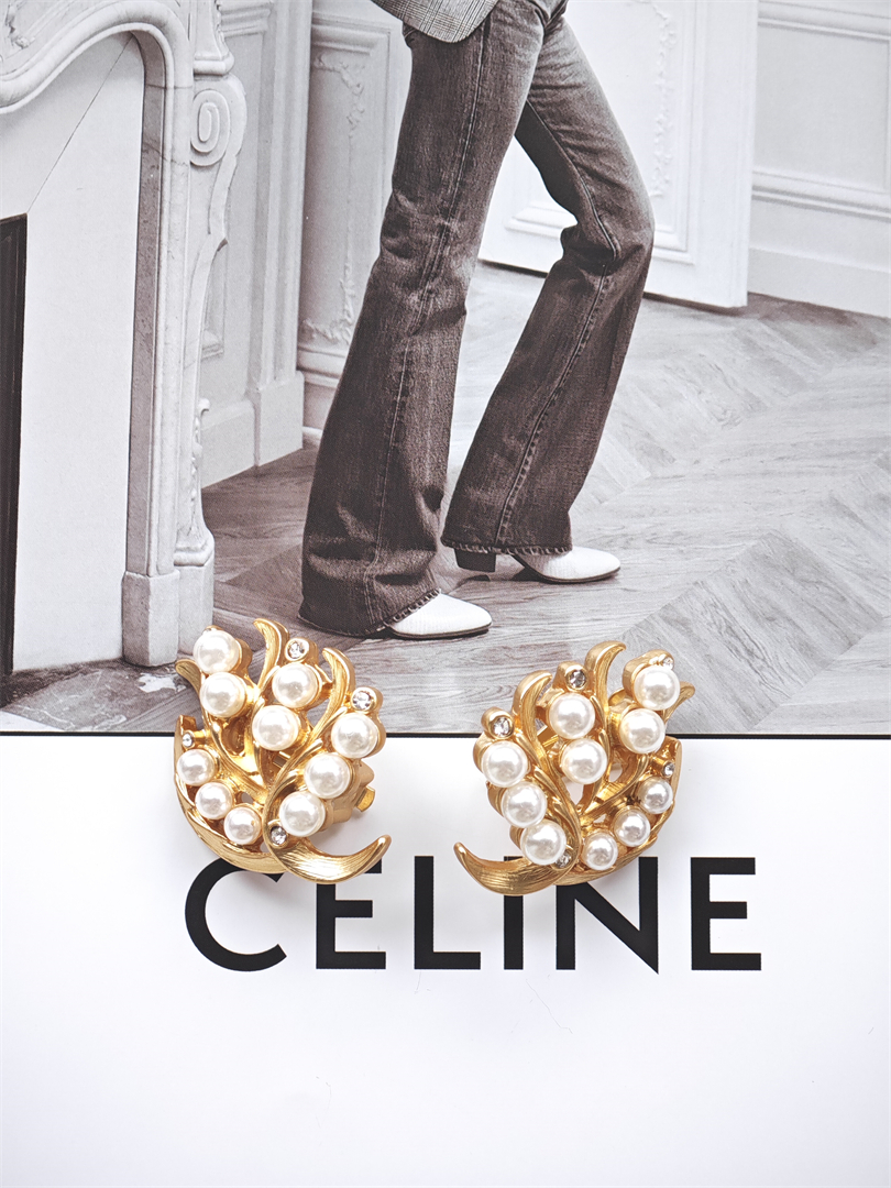 合金仿珍珠耳饰 中古vintage轻奢法式叶子琉璃珠耳夹【1163】