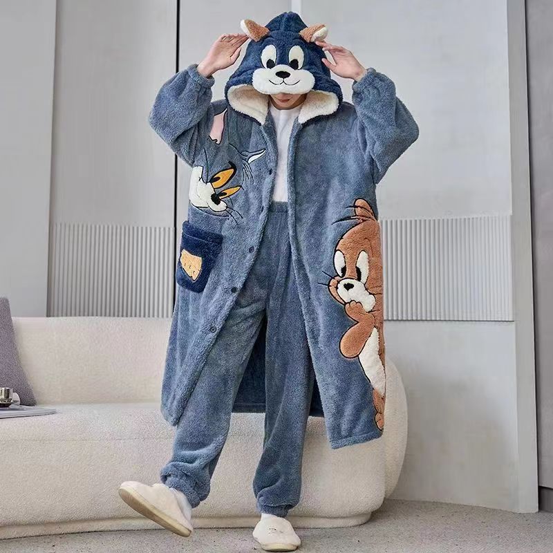 睡衣男秋冬季珊瑚绒加厚加绒长款睡袍套装青少年大码中学生家居服