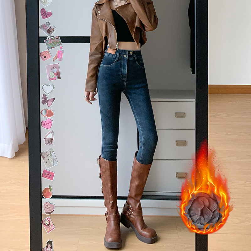 加绒牛仔裤女秋冬季2024年新款修身显瘦弹力高腰加厚铅笔小脚裤子