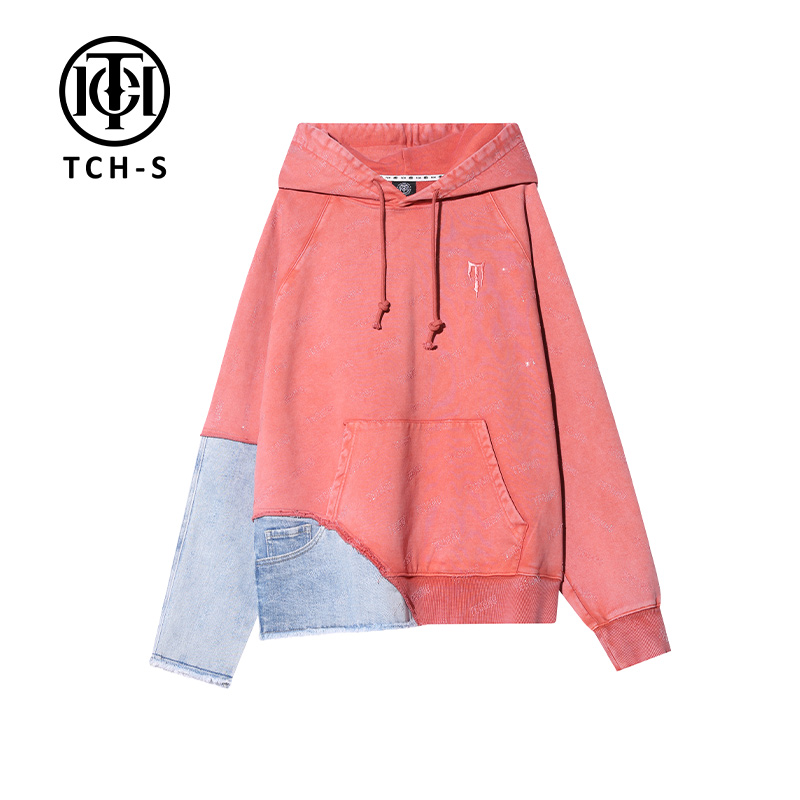 TCH服饰店-透明满钻字母橙色牛仔拼接连帽个性帽衫S69C126013
