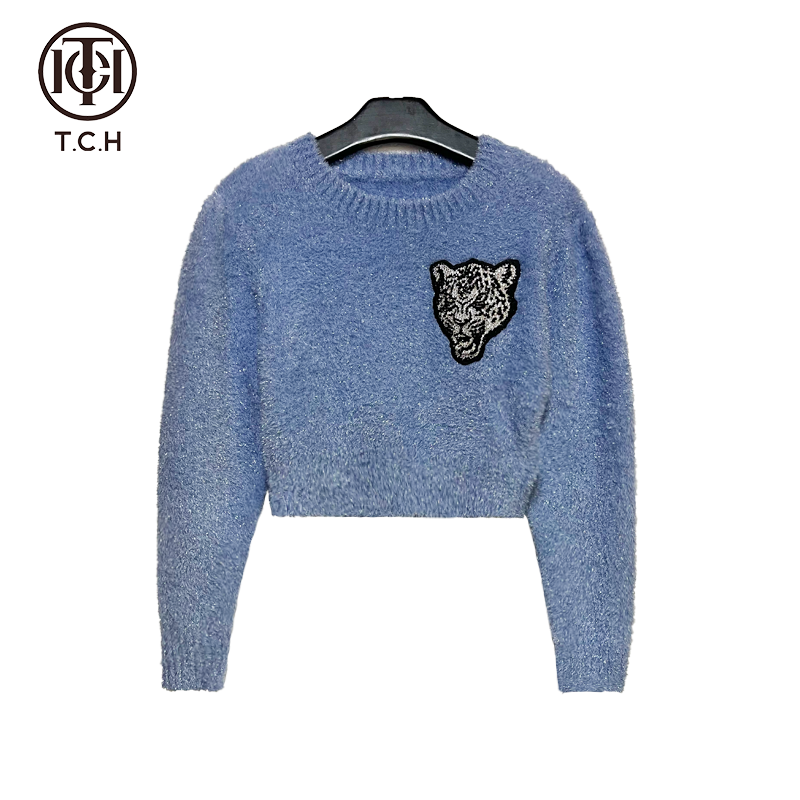 TCH服饰店播-TCH潮牌虎头亮丝蓝色短款针织衫T66C09E8016