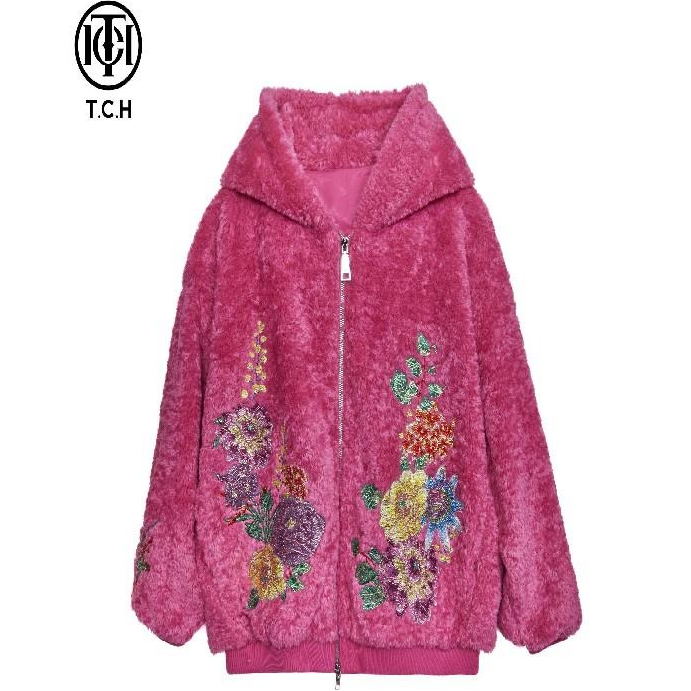 石景山TCH潮牌重工喜庆朵朵鲜花加绒保暖外套女T72D056028