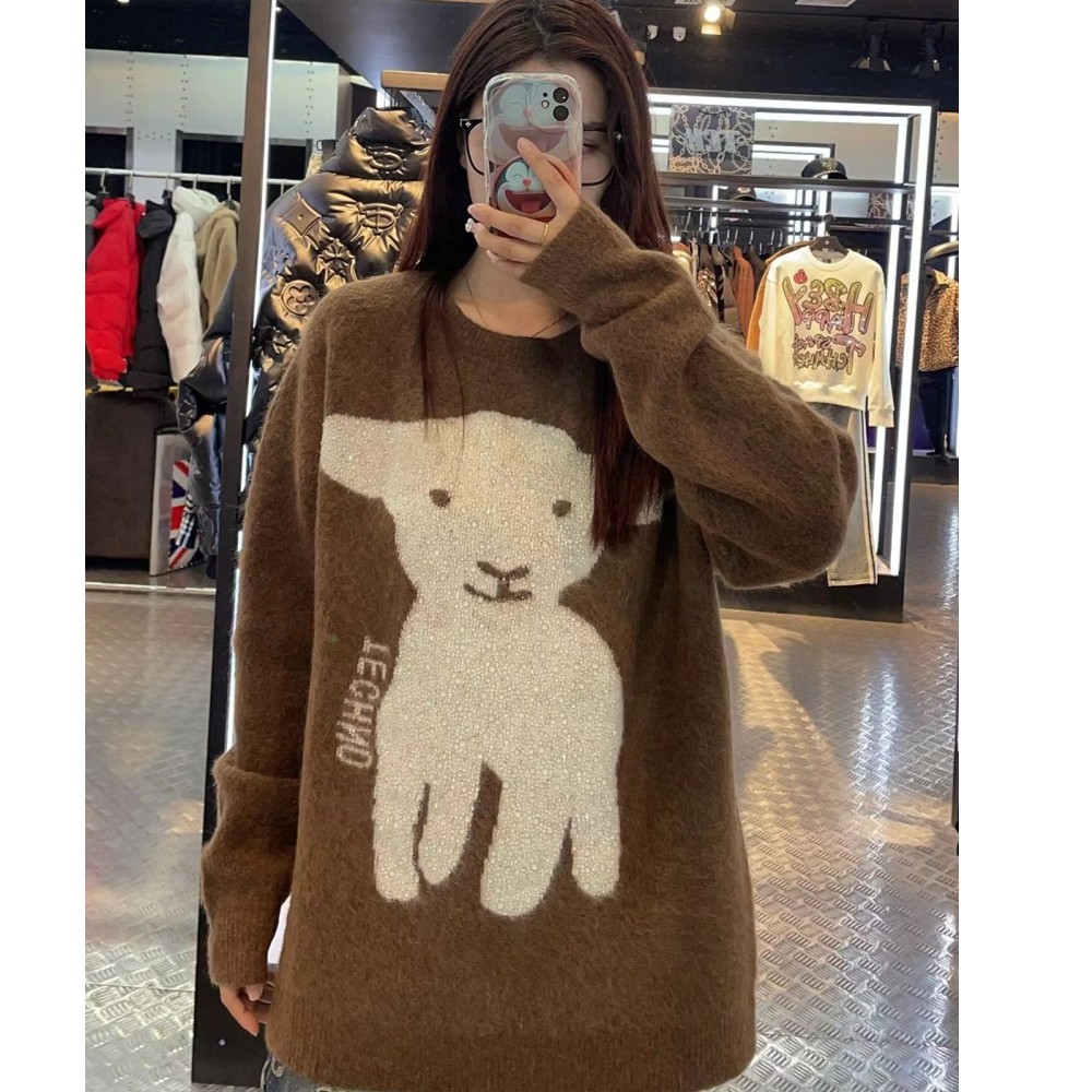 石景山TCH轻奢潮牌宽松休闲时尚百搭咖色小羊烫钻毛衣 T69D098035