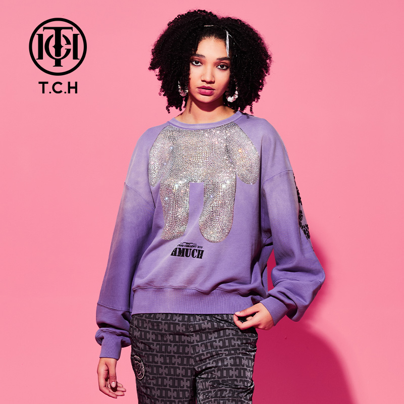 TCH服饰店-烫钻紫色小熊圆领长袖卫衣T69D118007