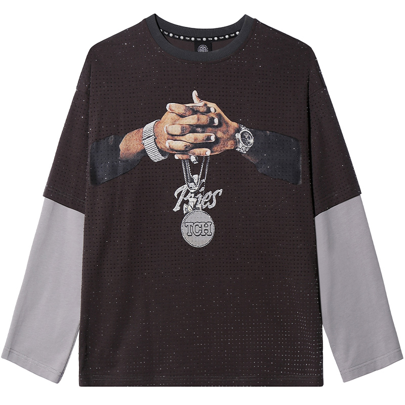 TCH服饰店-潮牌时尚百搭显瘦拼接袖满钻抱抱手咖色卫衣T69C086011