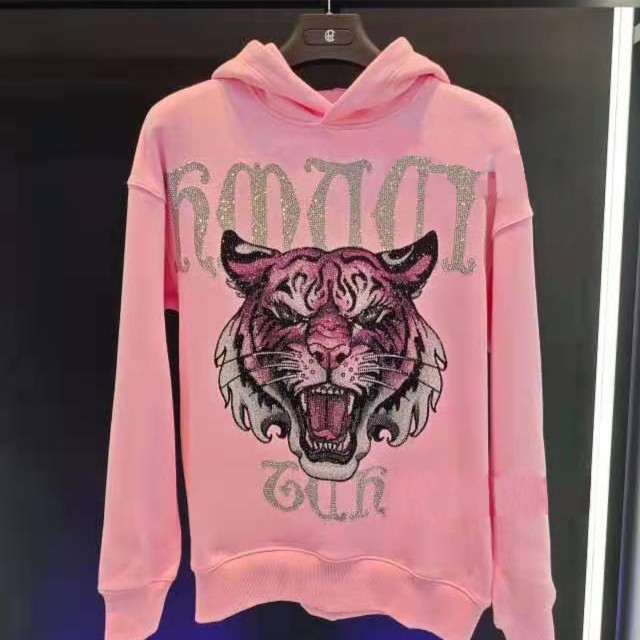TCH店播-潮牌烫钻老虎休闲纯棉粉色帽衫T69D126045