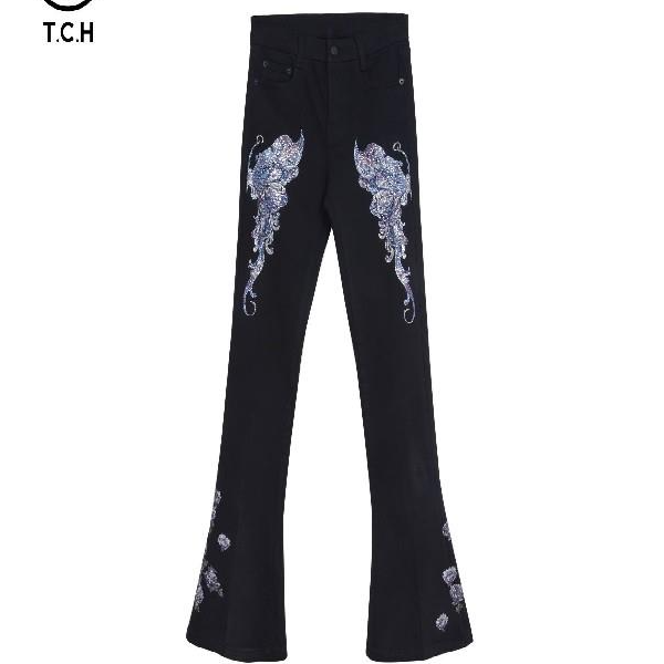 TCH服饰店播-潮牌紫色印花个性款牛仔裤女T72C208032