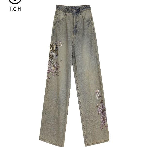 TCH服饰店播-潮牌绣花脚边渐变色水洗复古牛仔黄女T72C208017