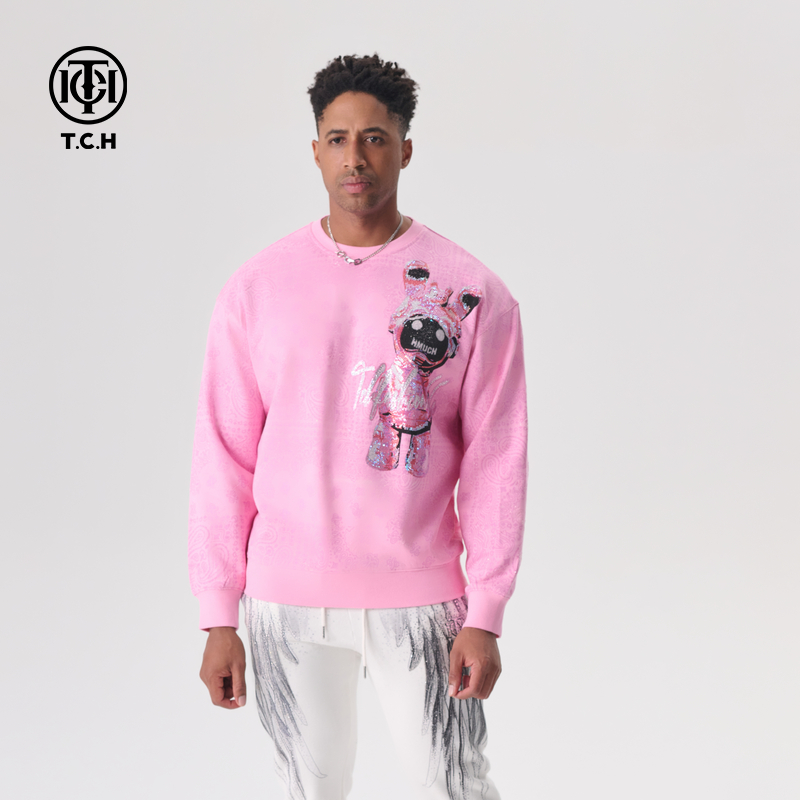TCH服饰店播-2025新款宽松经典系列太空兔粉色圆领衫T72A116080