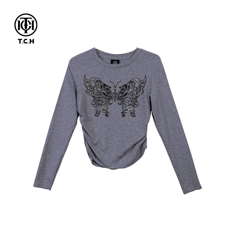 TCH服饰店播-2025秋蝴蝶长袖T恤女收腰显瘦打底衫T72C086001