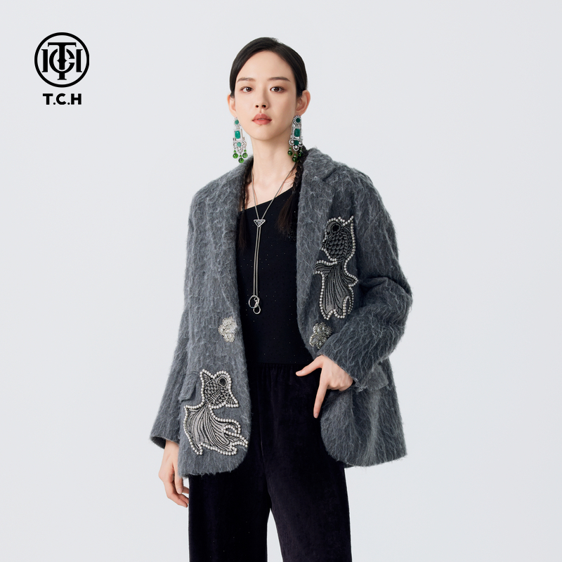 TCH店播西装外套女2025新款时尚阔版毛呢外套T72C046010