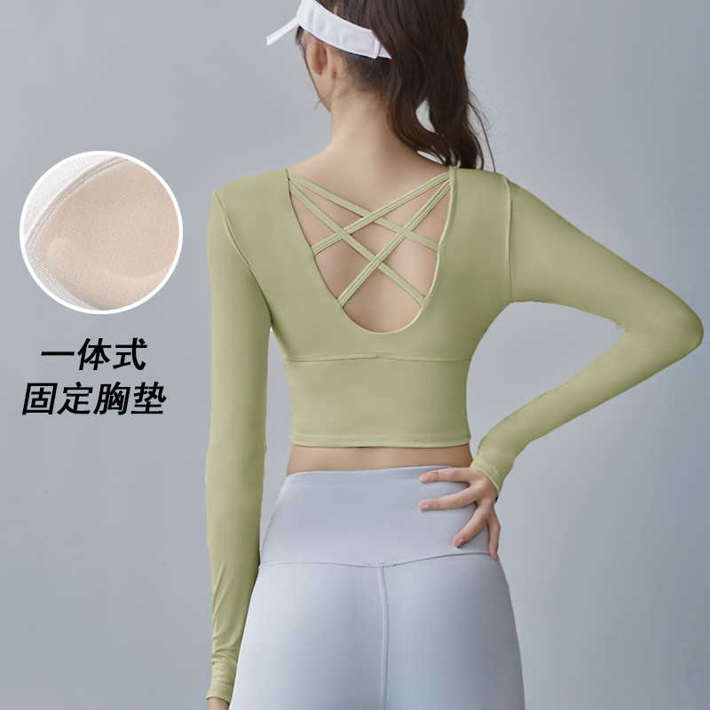 一体式固定胸垫镂空交叉美背露脐瑜伽长袖女速干圆领运动健身上衣