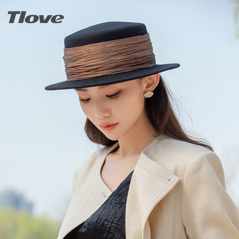 9437时尚休闲平沿帽洋气百搭羊毛毡帽子女士秋冬季新款平檐礼帽