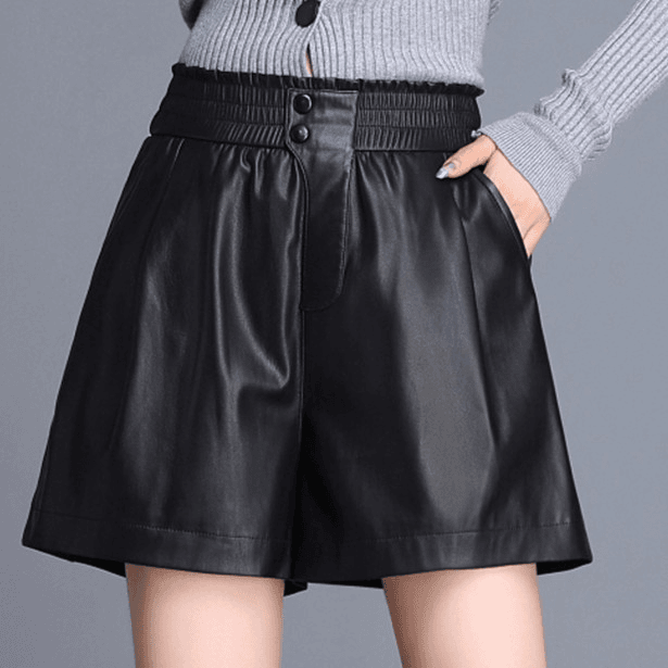 2025春秋新款海宁皮裤女高腰显瘦短裤松紧阔腿外穿靴裤ins时尚