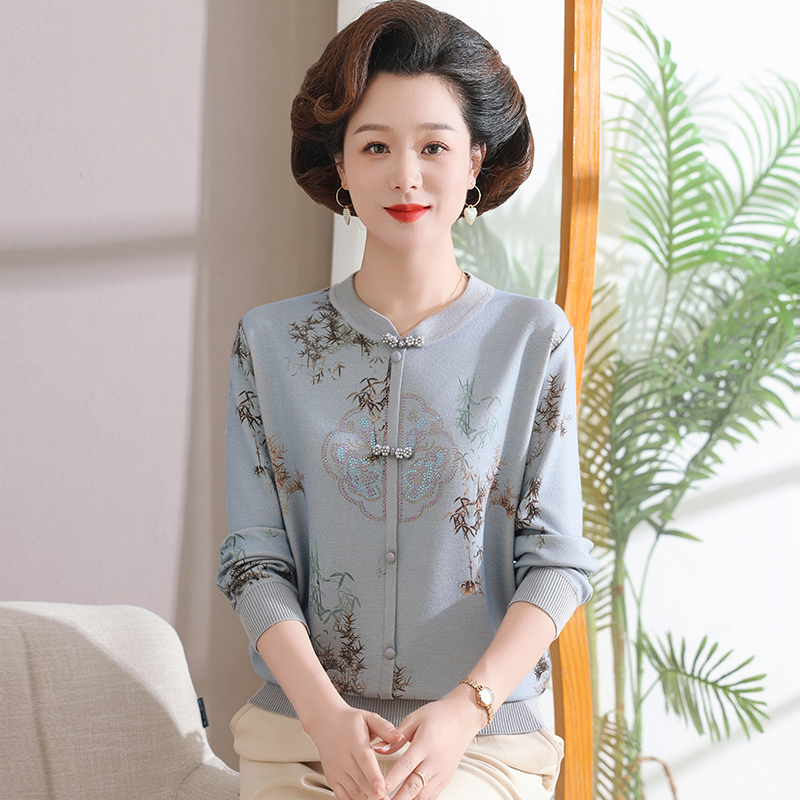 2024妈妈装春秋季新中式弹力针织衫长袖上衣中老年女装国风打底衫