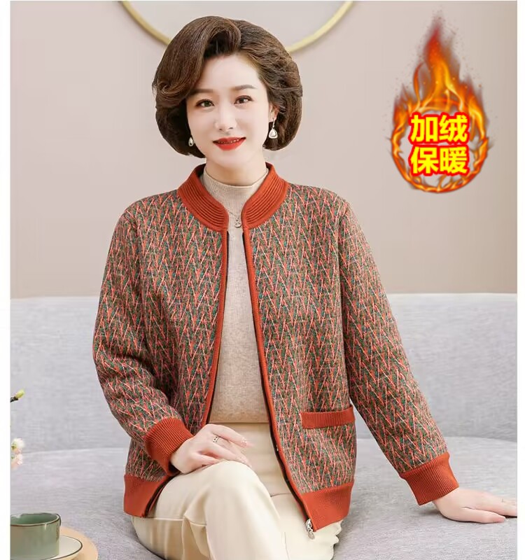 2025妈妈装秋冬弹力针织大码外套中老年女装加绒加厚保暖开衫外套