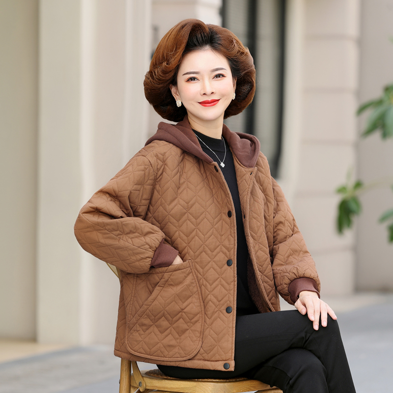 妈妈装秋冬加绒外套洋气小棉衣中老年女装连帽短款加绒棉袄棉服