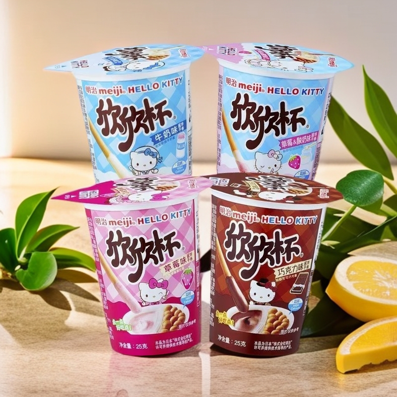 明治欣欣杯草莓味牛奶味巧克力味饼干条25克