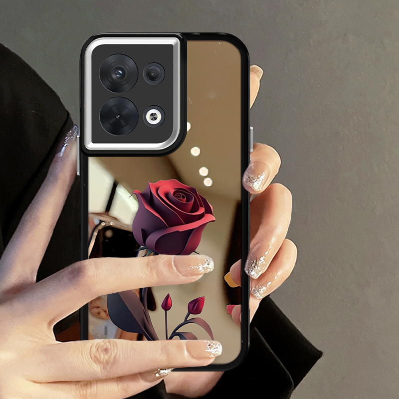 适用于OPPO Reno8暗红玫瑰镜面手机壳简约创意全包硅胶防摔女款