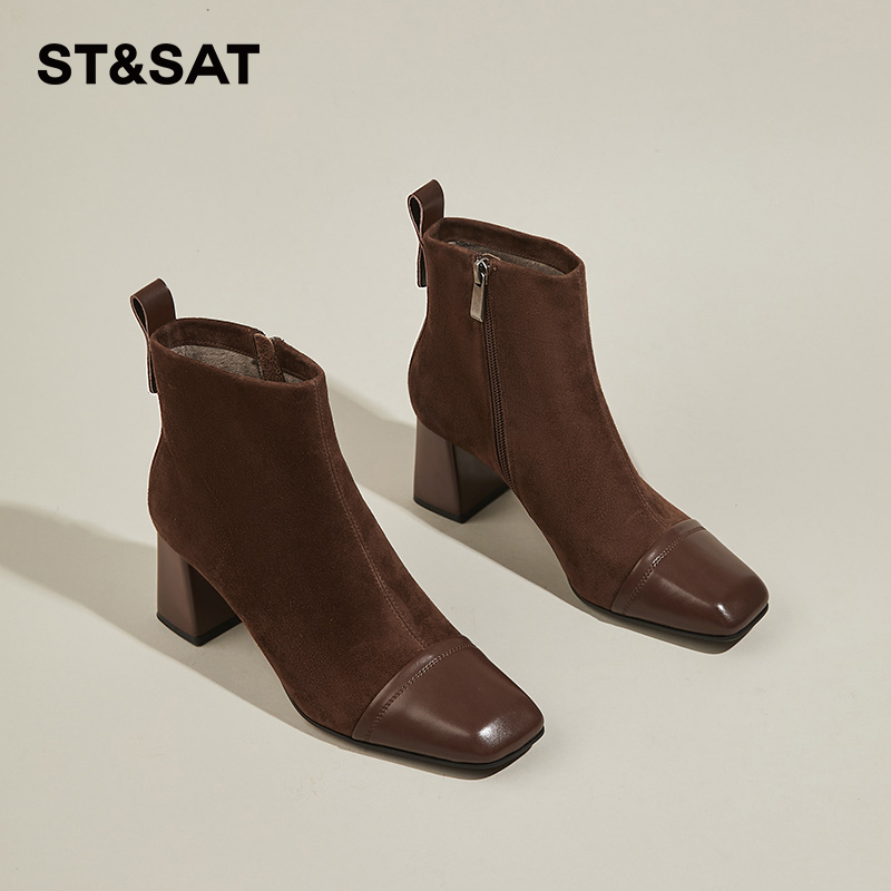 星期六法式小香风瘦瘦靴女冬季加绒通勤时装靴真皮高跟棕色小短靴