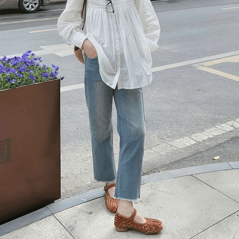 「小懒猫」设计感法棍裤直筒毛边牛仔裤女小个子浅色宽松阔腿九分裤