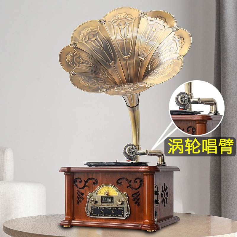今墨留声机复古客厅角几黑胶唱片机实木仿古大喇叭老式电唱机C1
