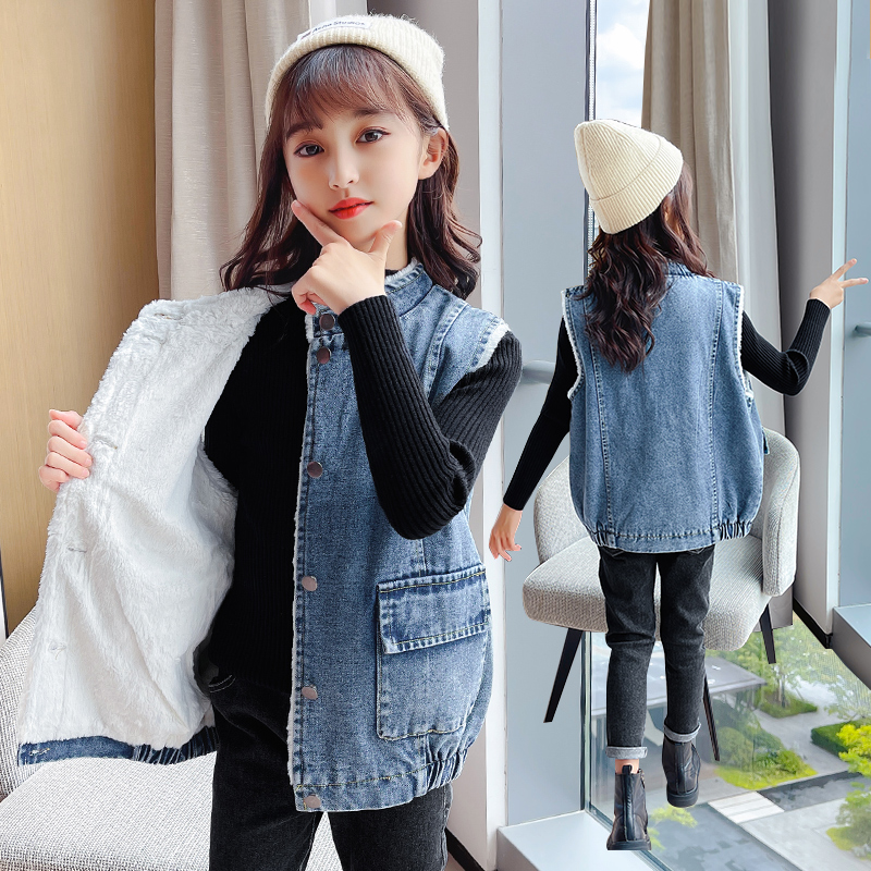 女童秋冬仿羊羔绒加厚牛仔马甲儿童保暖外穿马夹中大圆领洋气坎肩