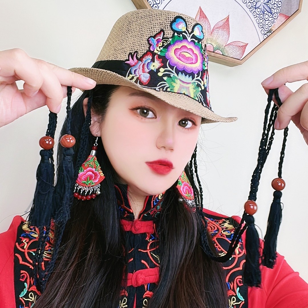 老绣爵士帽草帽子复古夏季辫子原创手工遮阳防晒时尚百搭出游沙滩