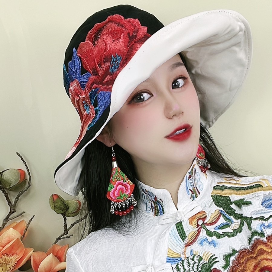 两面渔夫帽民族风遮阳防晒帽夏季刺绣休闲防紫外线遮脸太阳帽帽子