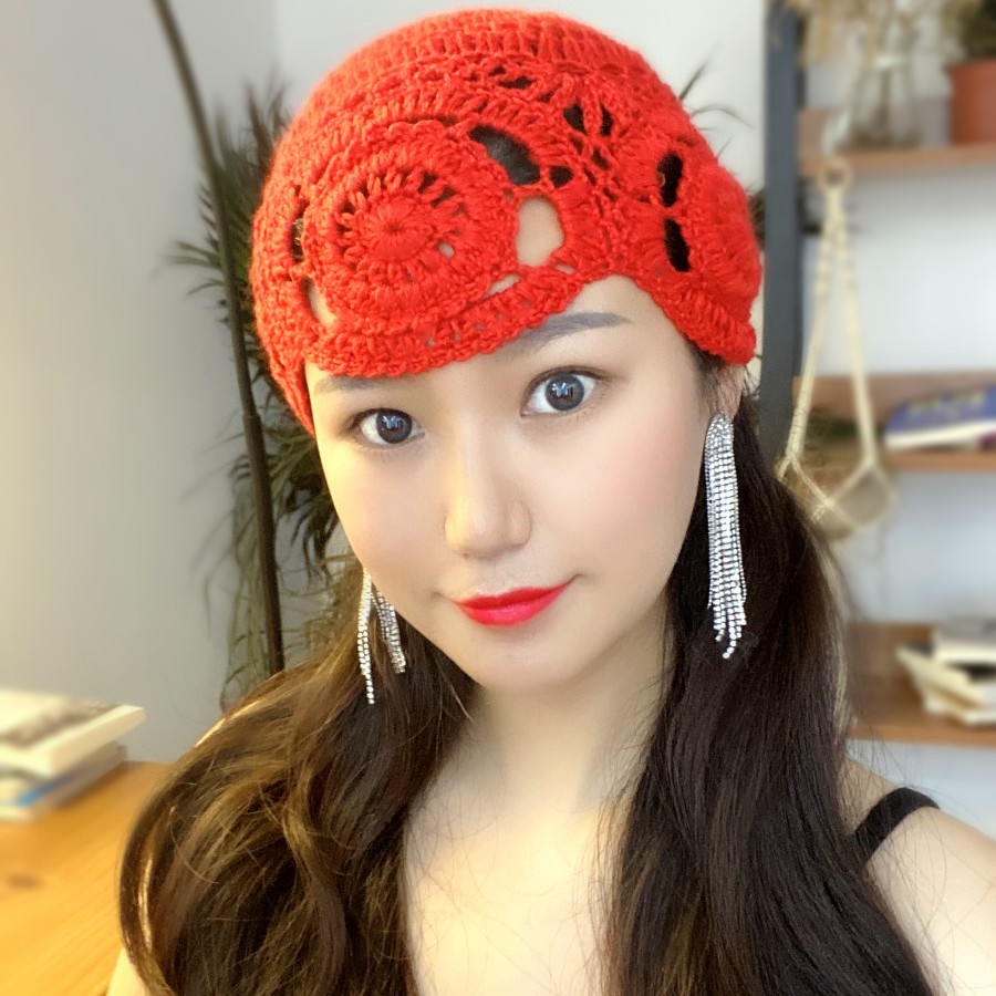 手工编织蕾丝花边镂空四季针织毛线帽子女士毛线瓜皮帽时髦包头帽