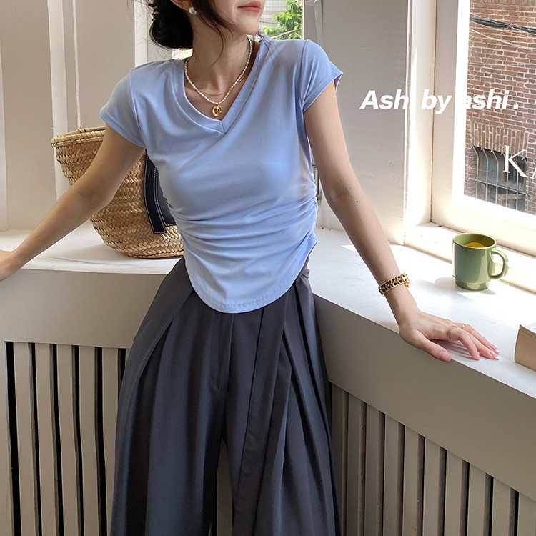 歌幂  不规则V领纯棉修身显瘦T恤女薄款上衣 KY2235#