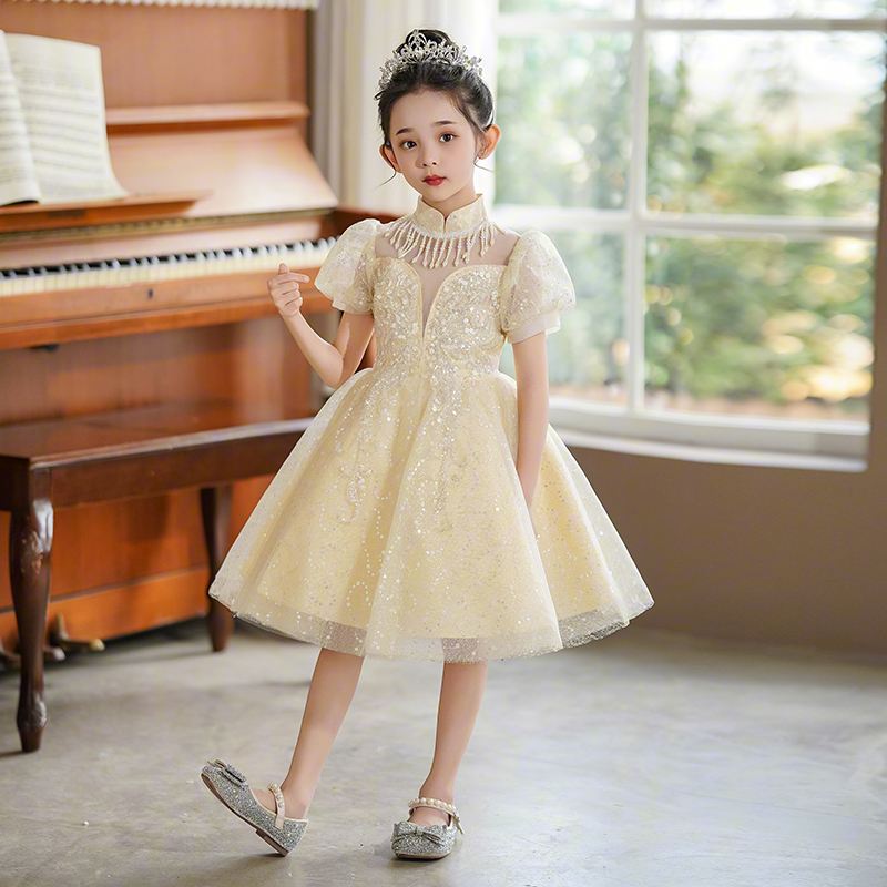 夏季女童时尚气质泡泡袖公主裙小女孩日常百搭主持表演洋气连衣裙