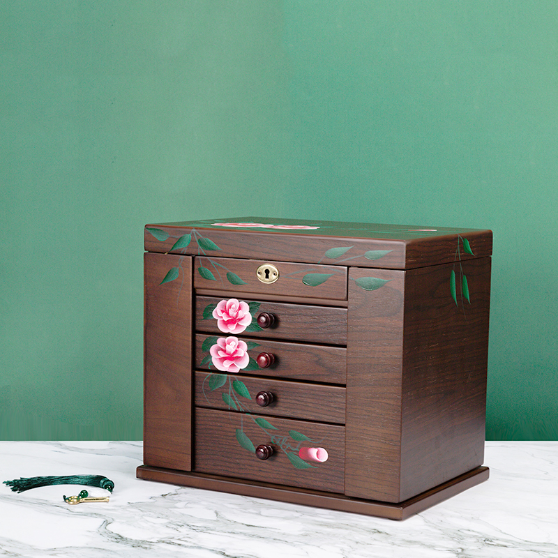首饰盒/箱 实木首饰盒带锁抽屉式首饰收纳盒手绘大容量饰品盒结婚