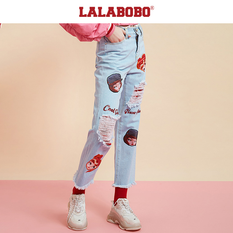郑州（不退不换）LALABOBO破洞刺绣显瘦牛仔裤女|L20A-WXZC16