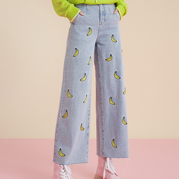 郑州（不退不换）LALABOBO复古刺绣亮片阔腿牛仔裤L20C-WXZC31高腰