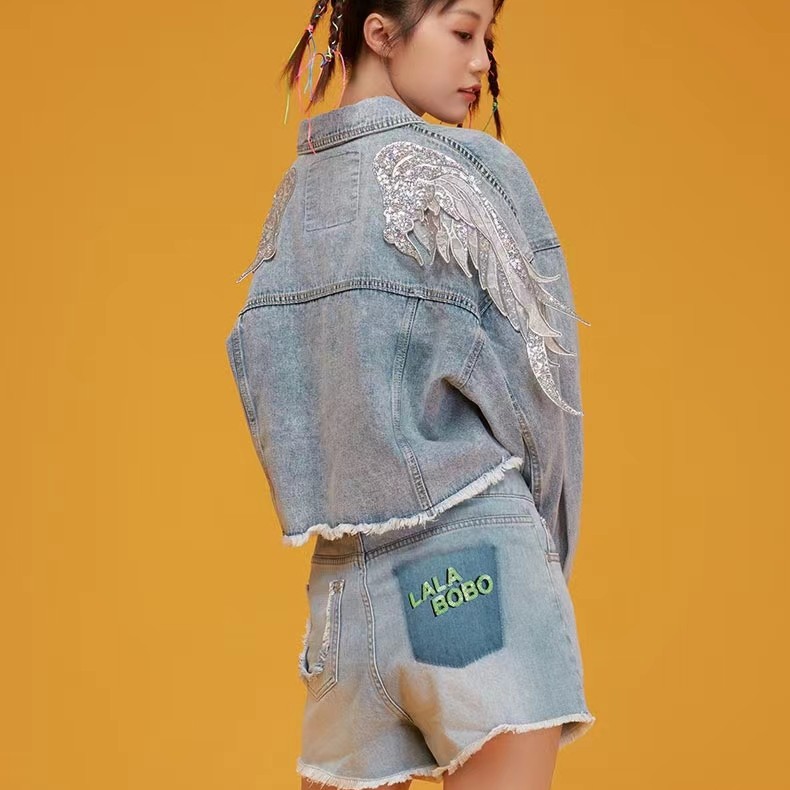 郑州（不退不换）LALABOBO短版时尚亮片翅膀牛仔夹克L21E-WSJW13