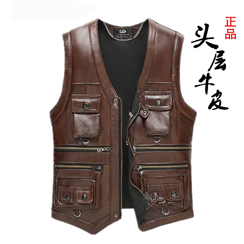 真皮马甲男头层牛皮马夹坎肩中老年户外钓鱼保暖春秋多口袋摄影