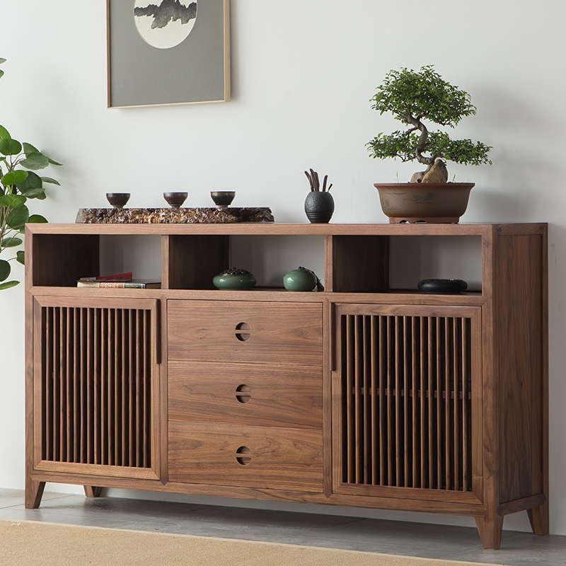 新中式实木餐边柜现代简约轻奢客厅厨房玄关柜黑胡桃木榆木置物柜